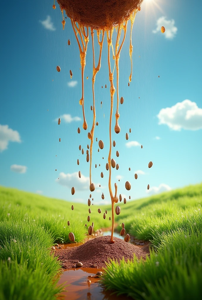 Create an image of coffee raining down on a field. 