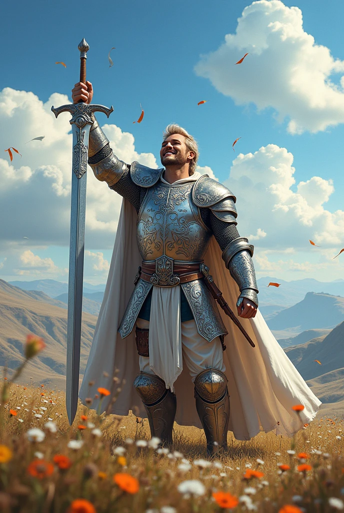 male character, cheered up, with sword