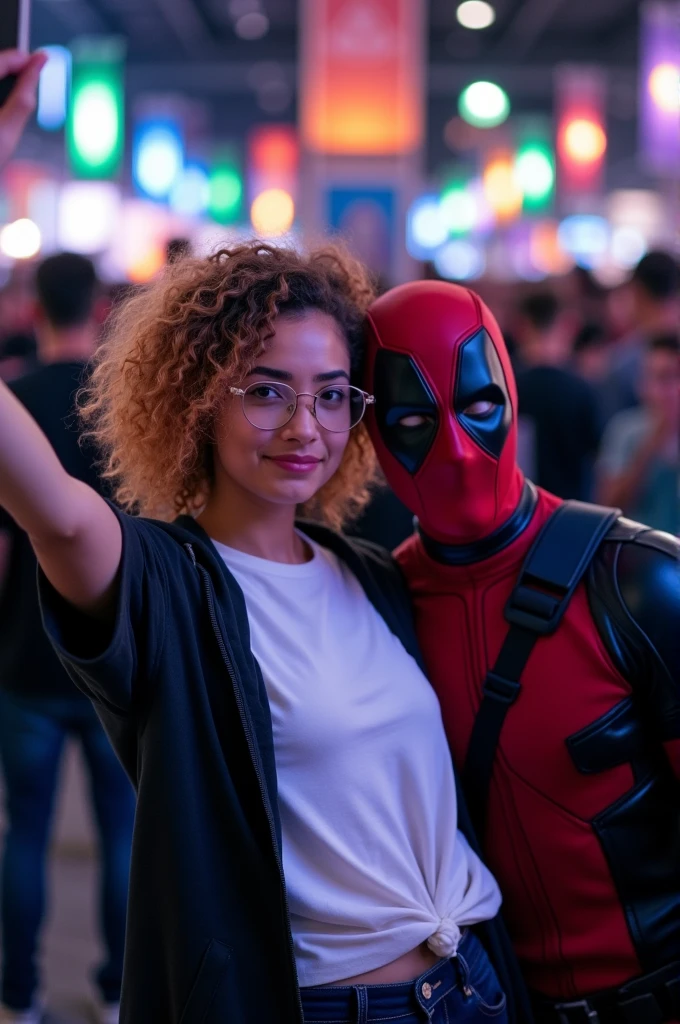 The image shows a young woman wearing glasses, a white t-shirt and a hoodie tied around her waist, posing for a selfie in a low-light environment. Behind this person, someone dressed as Deadpool is posing in the picture., the comic book character. The scene appears to be at a crowded event., like a convention or a party, since there are several people in the background.