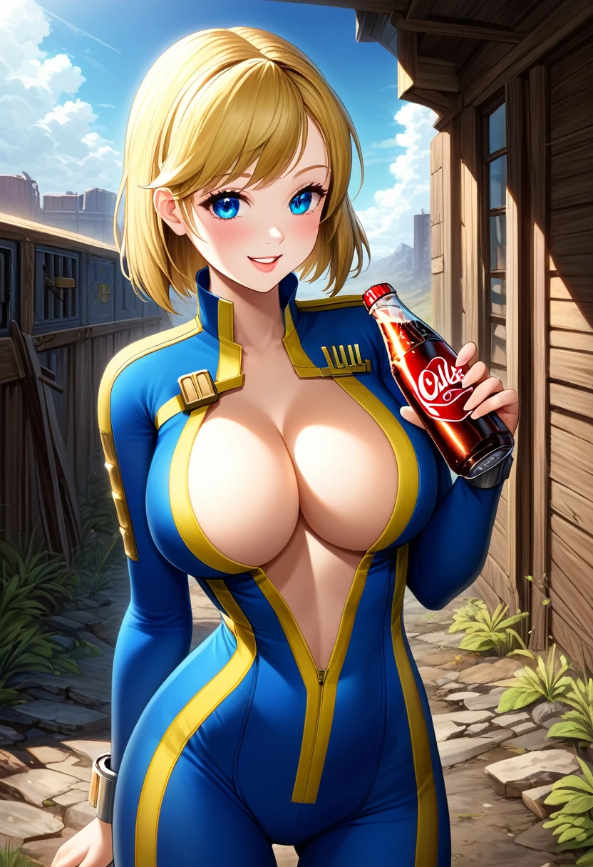 detailed illustration, (front view), (side view),dynamic angle, ultra-detailed, illustration, clean line art, shading, anime, detailed eyes, detailed face, beautiful face, dramatic lighting, detailed illustration, dynamic angle, ultra-detailed, illustration, (single woman: 1.8), masterpiece, masterwork, beautiful,
Blonde Hair, cobalt blue eye, solo, , breasts, val, cute face, pip boy, bangs, body suit, happy, vault tec, tight fitting suit, deep cleavage, (backgronside a windowless underground fallout vault: 1.5), cowboy shot, holding a nuka cola bottle