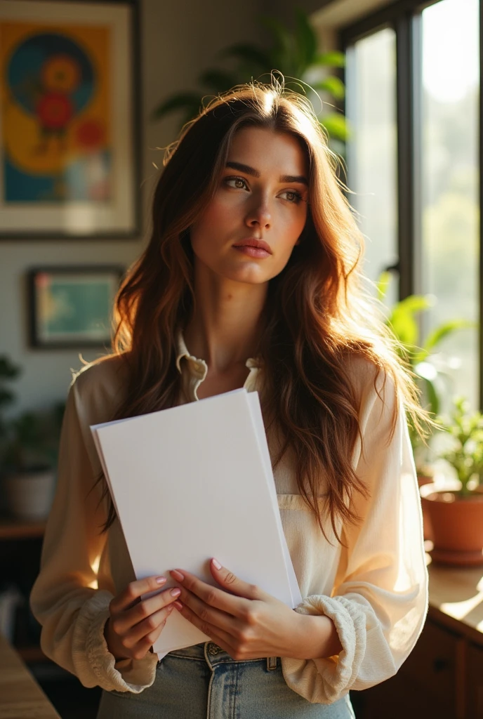 Create me a picture of a woman holding a blank paper in her hand.