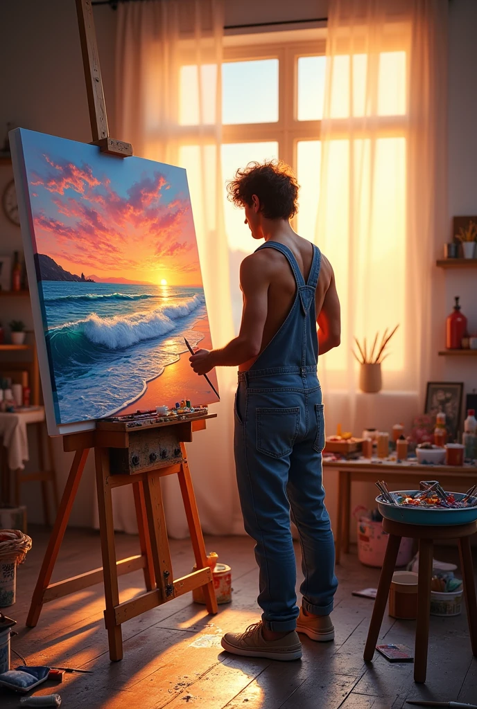 have a male painter drawing on a white canvas a beautiful painting of the sea at sunset