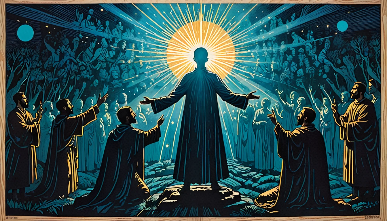 "A surreal, spiritual woodcut-style artwork depicting a central figure surrounded by a group of people pointing towards them. The central figure should be depicted with a radiant aura, symbolizing their unique or different nature. The surrounding figures should be shown in various expressions of curiosity or awe, with their hands directed towards the central person. The background should be minimal to focus on the interaction between the central figure and the group, enhancing the dramatic and mysterious atmosphere of the scene."