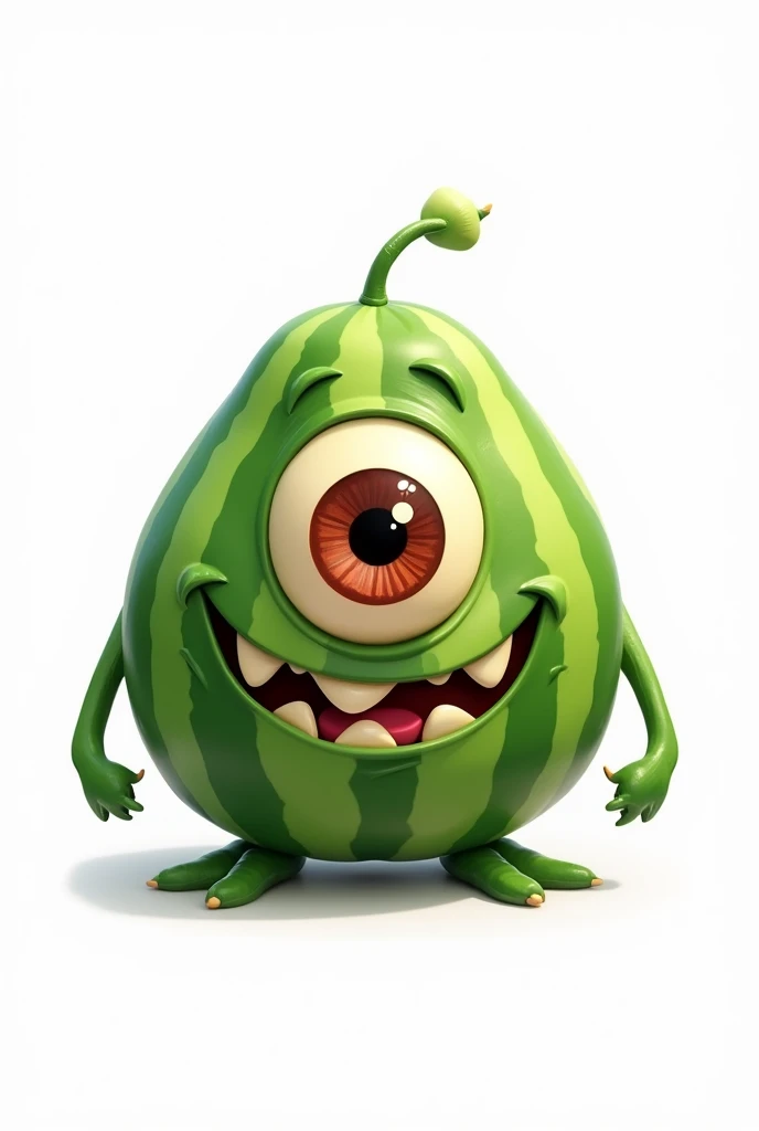 Transform a watermelon into a 2D animated character with monster features, only one eye, and a white background.