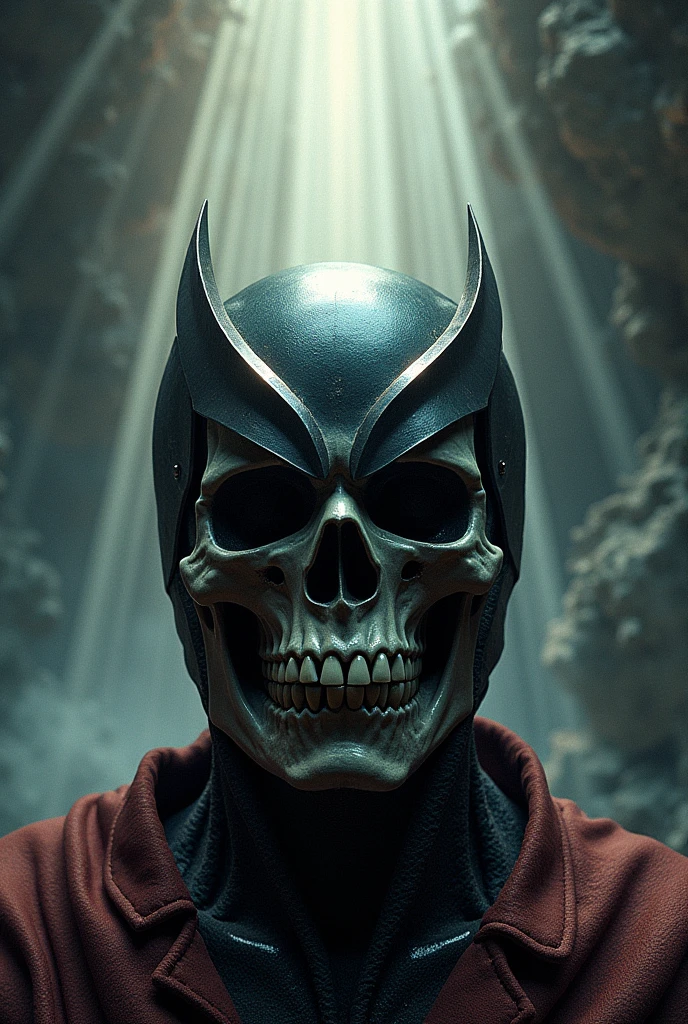 Magneto's helmet with the skull of dead Magneto and in the background, there are rays.