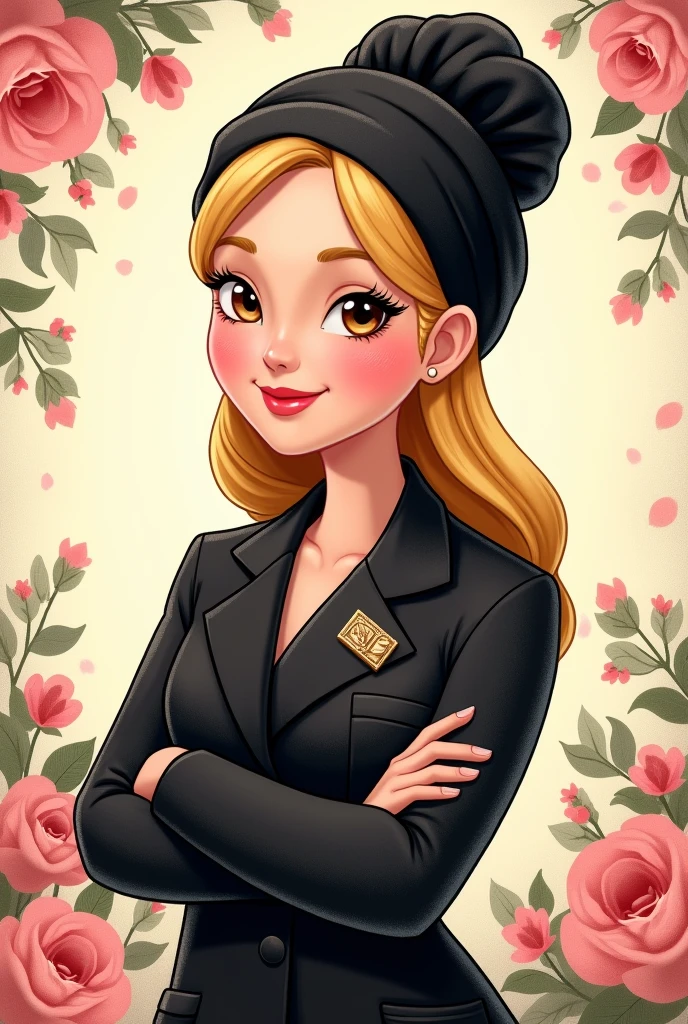 Make a beauty professional with a black lab coat, black turban, rectangular brooch, Round face, chubby, mature woman, straight blonde hair, Disney style drawing