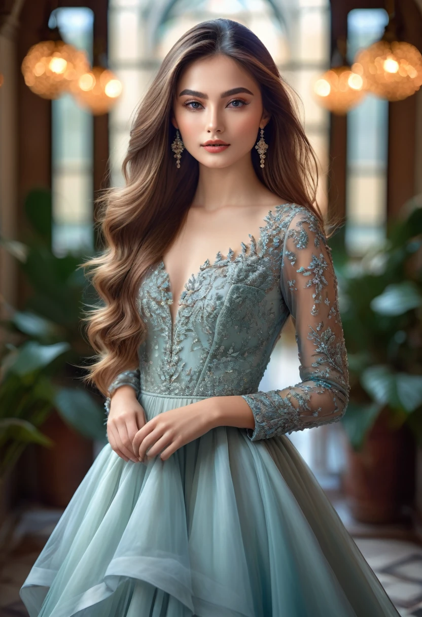 a beautiful woman, detailed portrait, (best quality,4k,8k,highres,masterpiece:1.2),ultra-detailed,(realistic,photorealistic,photo-realistic:1.37),HDR,UHD,studio lighting,ultra-fine painting,sharp focus,physically-based rendering,extreme detail description,professional,vivid colors,bokeh,high fashion, elegant dress, perfect skin, flawless makeup, long flowing hair, looking at camera, serene expression, natural lighting, muted color palette, cinematic composition