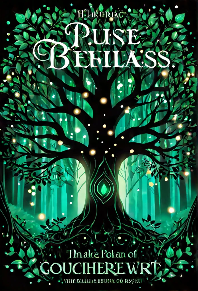 "A magical book cover design with an enchanting emerald green background. The centerpiece features the silhouette of a large, majestic tree with sprawling branches and glowing leaves. The scene is illuminated by soft sparkles or glowing lights surrounding the tree, creating a mystical atmosphere. The design is whimsical and inviting, perfect for a children's book, with no text or title included on the cover."