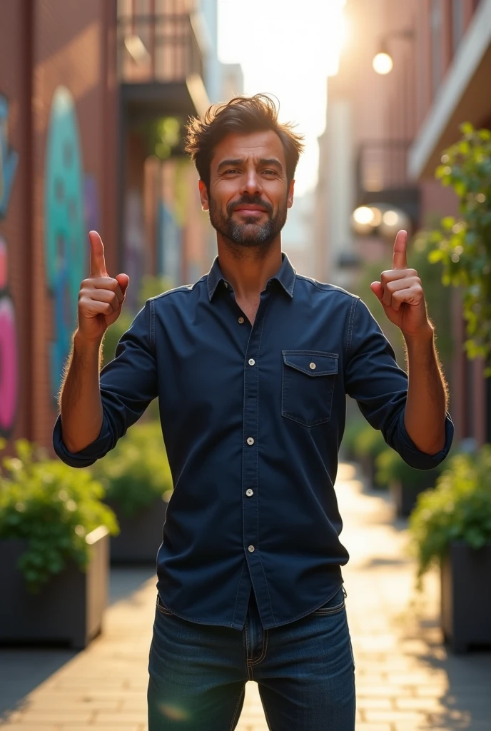 realistic person with both index fingers pointing up