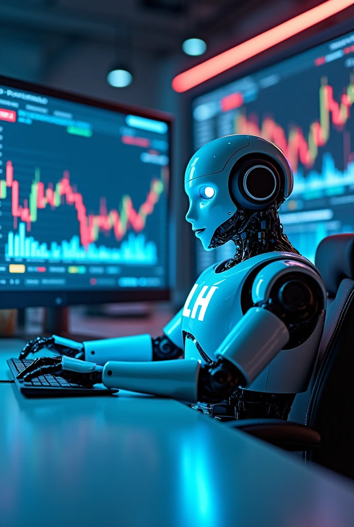 robo futurista, with blue eyes, sitting at the table in front of the computer, with the letters LH on his chest, around him several monitors with stock market charts. robo .