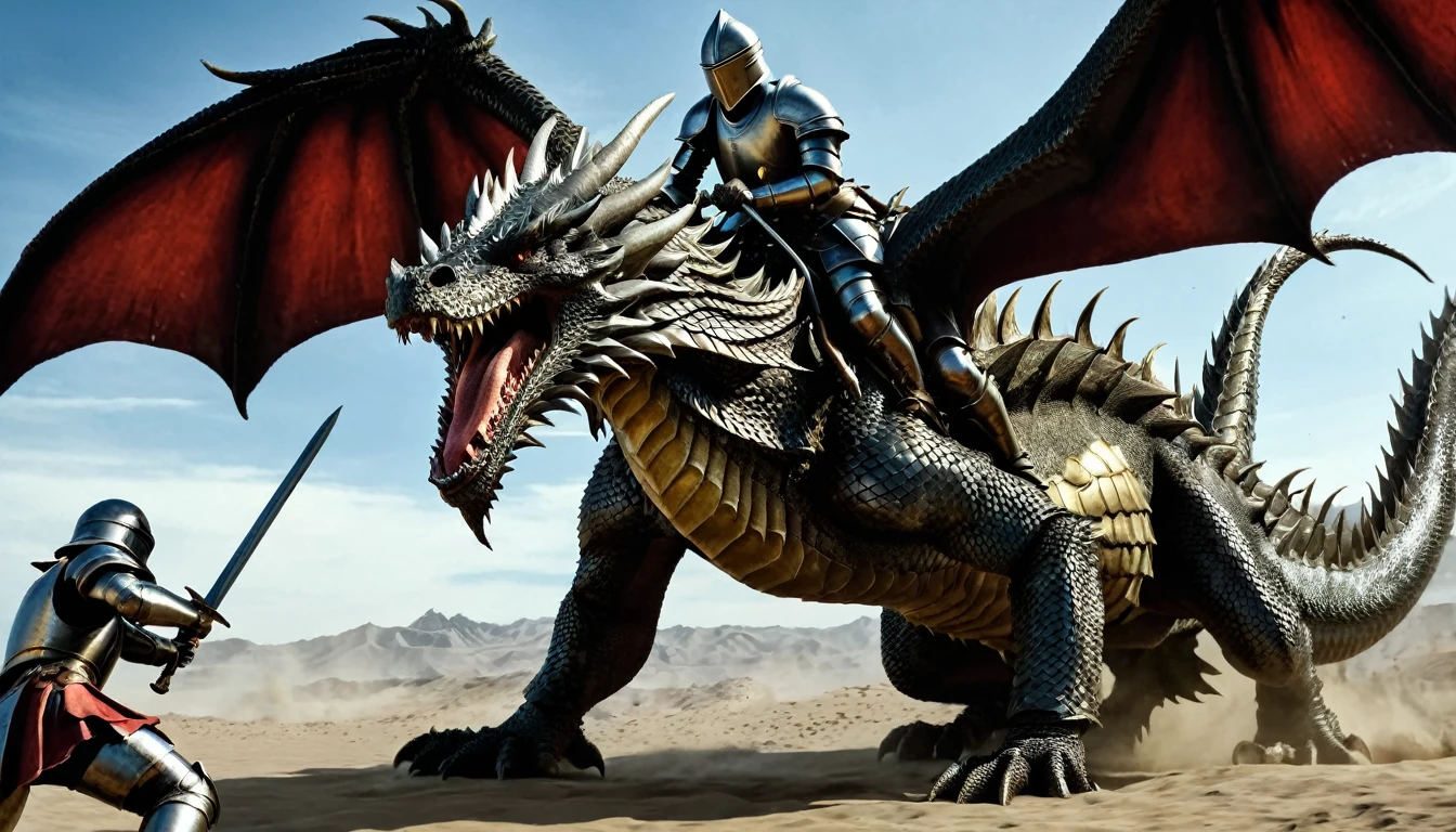A knight riding a badass dragon that it is grab killing an enemy soldier on its mouth during battle