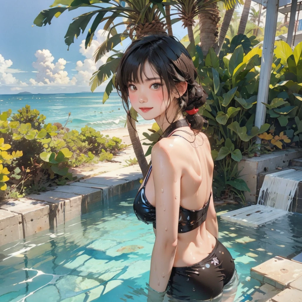 ((highest quality, masterpiece, High resolution)), ((reality)),Photos of beautiful Japanese women,((anime art))、 (((1 girl))), normal size breasts, slim body shape, long ponytail,double eyelid, Wet see-through bikini, A pareo with bold ethnic patterns and plenty of primary colors、(Brown skin:1.4),realistic skin、Wet,whole body,cinematic light、tropical、Against the background of palm trees on both sides、on a sunny beach、With the sea in the background、blur background、smile