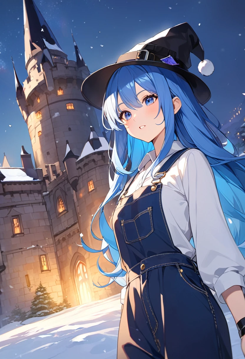 woman、Blue Hair、long hair、witch、snow、Castle、Overall blue