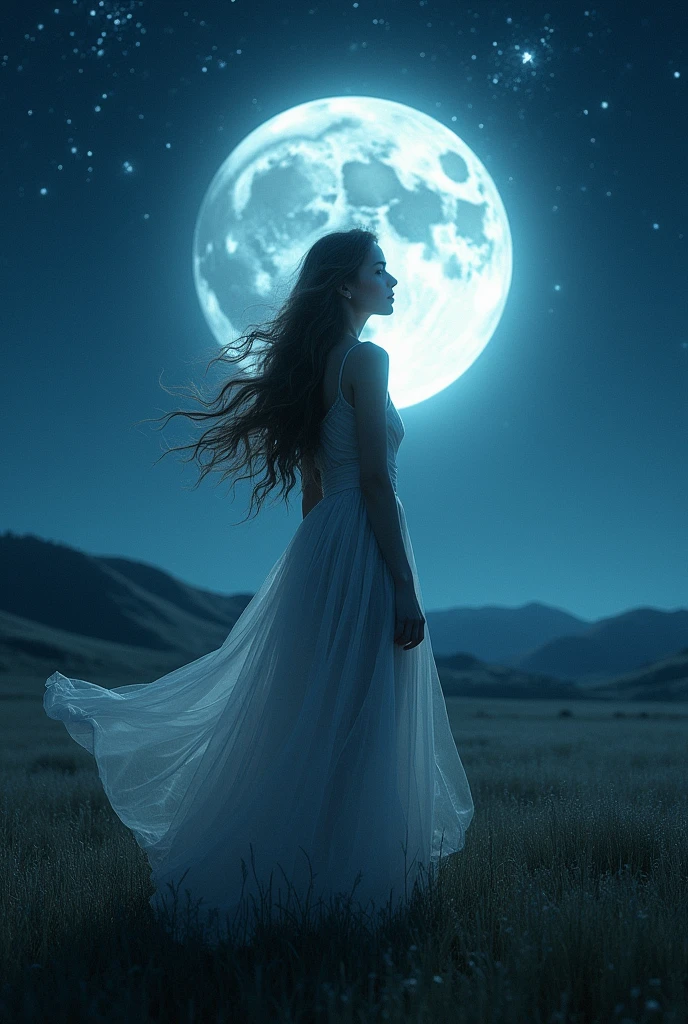 Imagine Laura in a night scene with the moon in the background. Laura may be in an open field, with the full or crescent moon large and bright in the sky above her. The soft glow of the moon illuminates Laura, highlighting her in a tranquil setting.She may be wearing flowing clothes that reflect the silvery light of the moon, and her hair may be flowing in the wind. Add some stars in the sky for a magical touch.