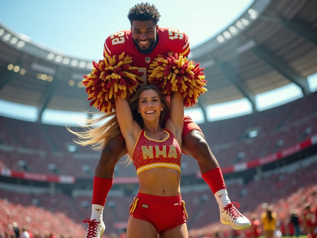 a beautiful muscular female cheerleader, lifting and holding a male football player over her head, smiling at him, scared expression on his face