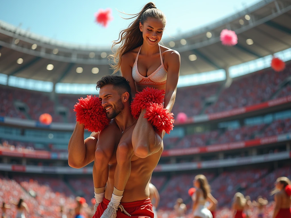 a beautiful muscular female cheerleader, lifting and holding a male football player over her head, smiling at him, scared expression on his face