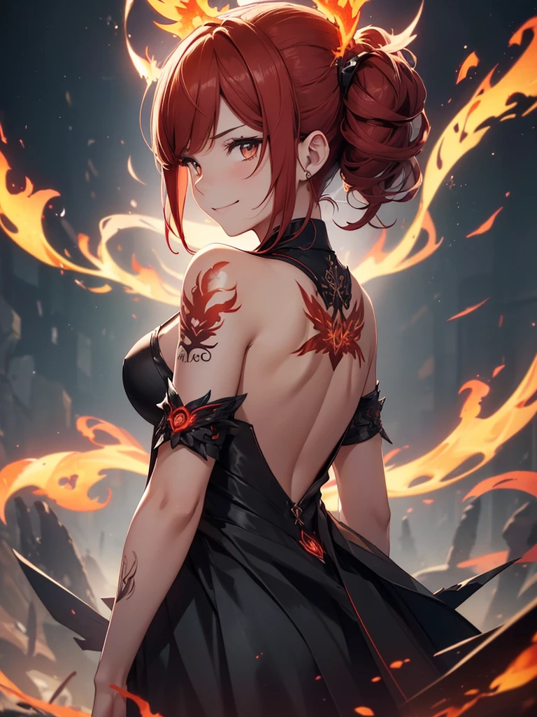 (((best quality, sharp image, clear image, cinematic lighting, 8k resolution, masterpiece, ultra detailed, intricate))) Girl, (((looking over left shoulder))), (shot from behind), ((shot from hip up)), fiery red hair, pigtails, ((intricate black dress)), ((flaming sigils, flaming runes)), spiky rock formations, (flaming lotus flowers frame), (intricate background), (chaotic background), (busy background), ((Phoenix)), (swirling flames), smiling,tatoo on back