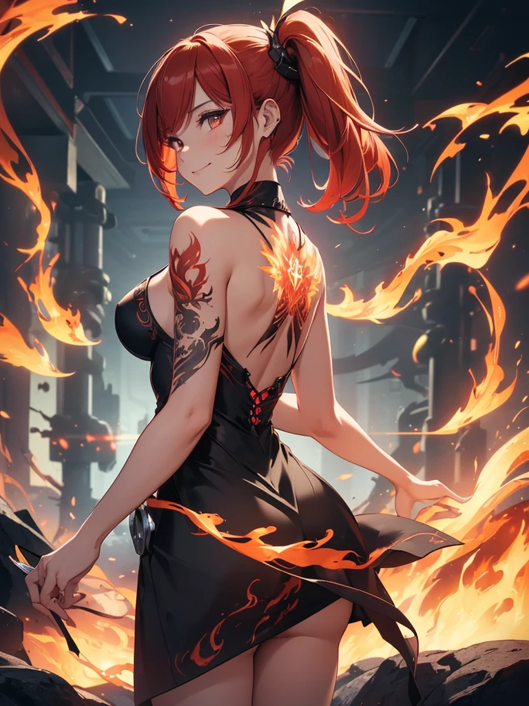 (((best quality, sharp image, clear image, cinematic lighting, 8k resolution, masterpiece, ultra detailed, intricate))) Girl, (((looking over left shoulder))), (shot from behind), ((shot from hip up)), fiery red hair, pigtails, ((intricate black dress)), ((flaming sigils, flaming runes)), spiky rock formations, (flaming lotus flowers frame), (intricate background), (chaotic background), (busy background), ((Phoenix)), (swirling flames), smiling,tatoo on back