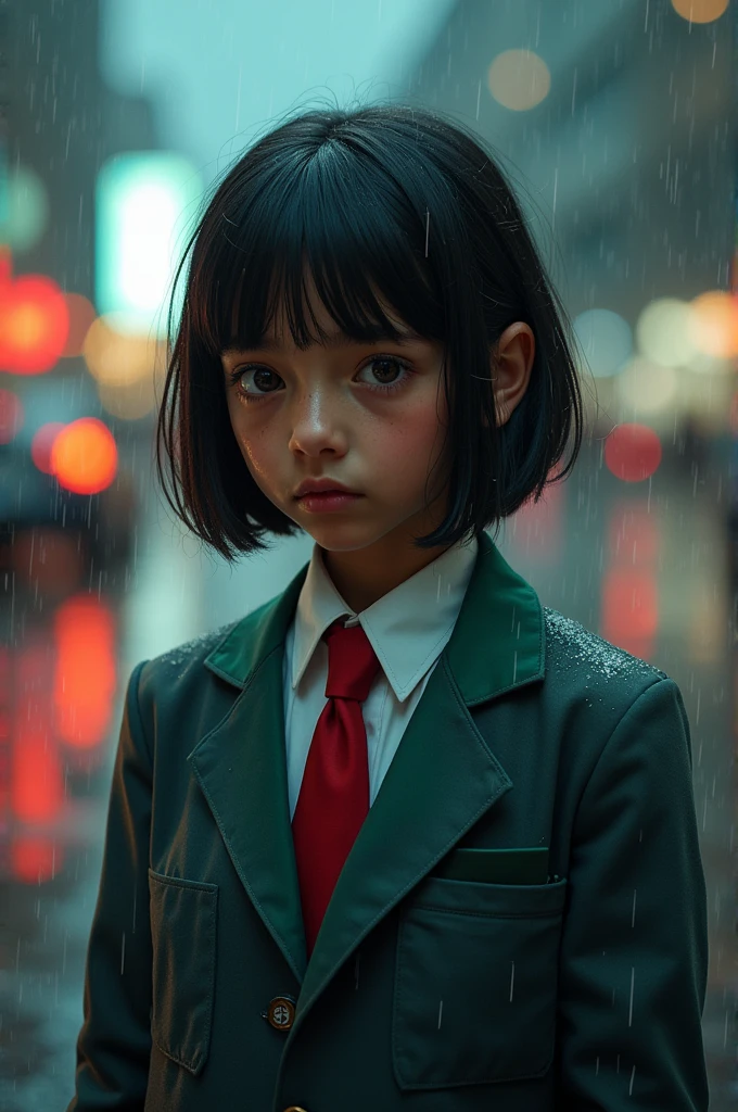 Create a screenshot of the anime my hero academia panorama full body of a woman of indigenous ethnicity with dark skin, brown skin, sad, crying, teenager, short straight black hair, triangular brown eyes, braces on her teeth, wears formal uniform UA gray with green skirt and red tie, city background with rain, BONES studio,