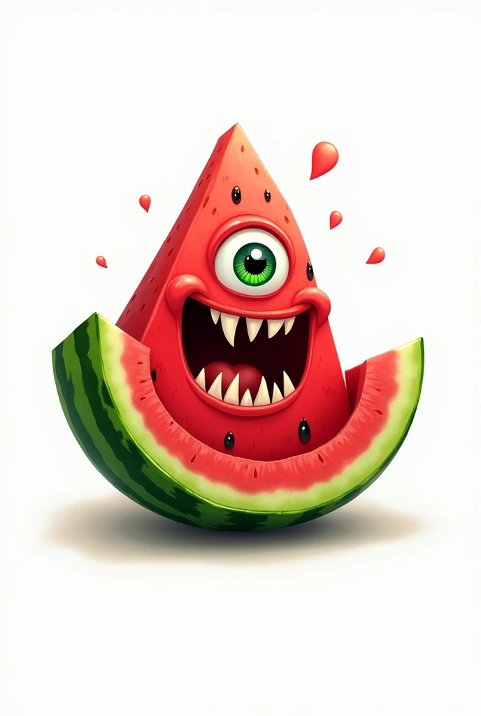 Transform a watermelon slice into a 2D animated character with monster features, only one eye, and a white background.