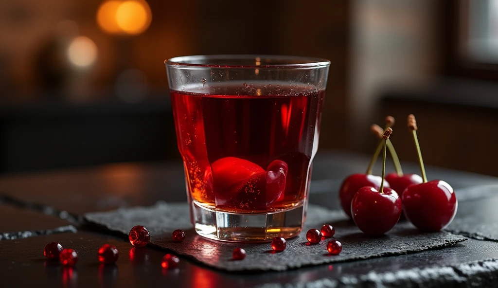 a warm glass of liqueur with a red liquid and some cherries at the bottom. on a black table. ultra realisitic. What should convey: elegance, sophistication..