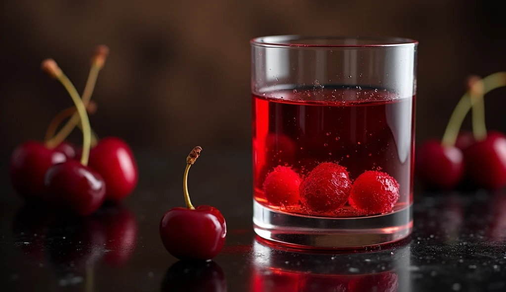 a warm glass of liqueur with a red liquid and some cherries at the bottom. on a black table. ultra realisitic. What should convey: elegance, sophistication..