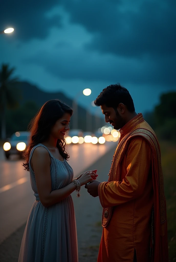 A poignant, nighttime scene on the side of a highway, featuring a woman in a casual dress and a man in traditional Indian attire. Thewoman, wearing a bittersweet smile, removes a ring from her finger and places it in the hand of the emotional man, who has tears in his eyes and a bowed head. The soft glow from a nearby streetlight illuminates their intimate exchange amidst the busy traffic in the background. The ominous clouds above emphasize the somber mood, capturing the essence of their heart-wrenching moment.Less
