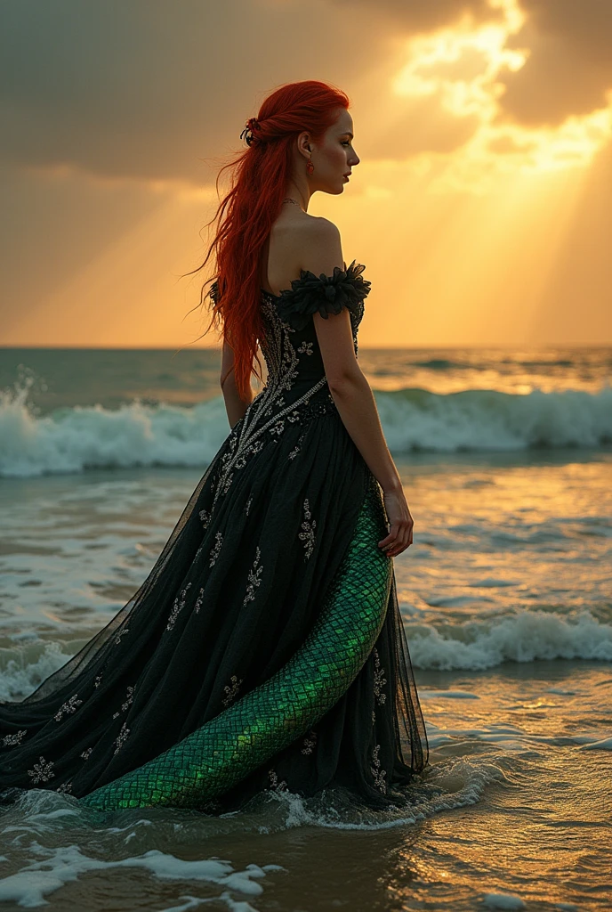 Red-haired snake woman,in a black Victorian dress with silver,sunset and rain background on the beach with sun rays with rainbow