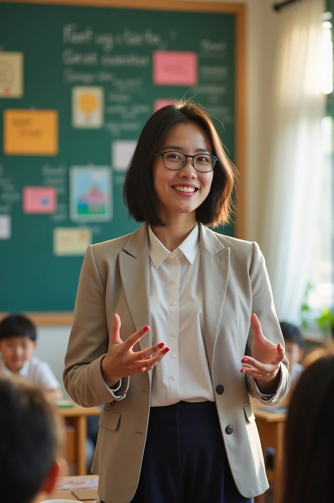 A 30-year-old Japanese female teacher with naturally accentuated fingernails.
