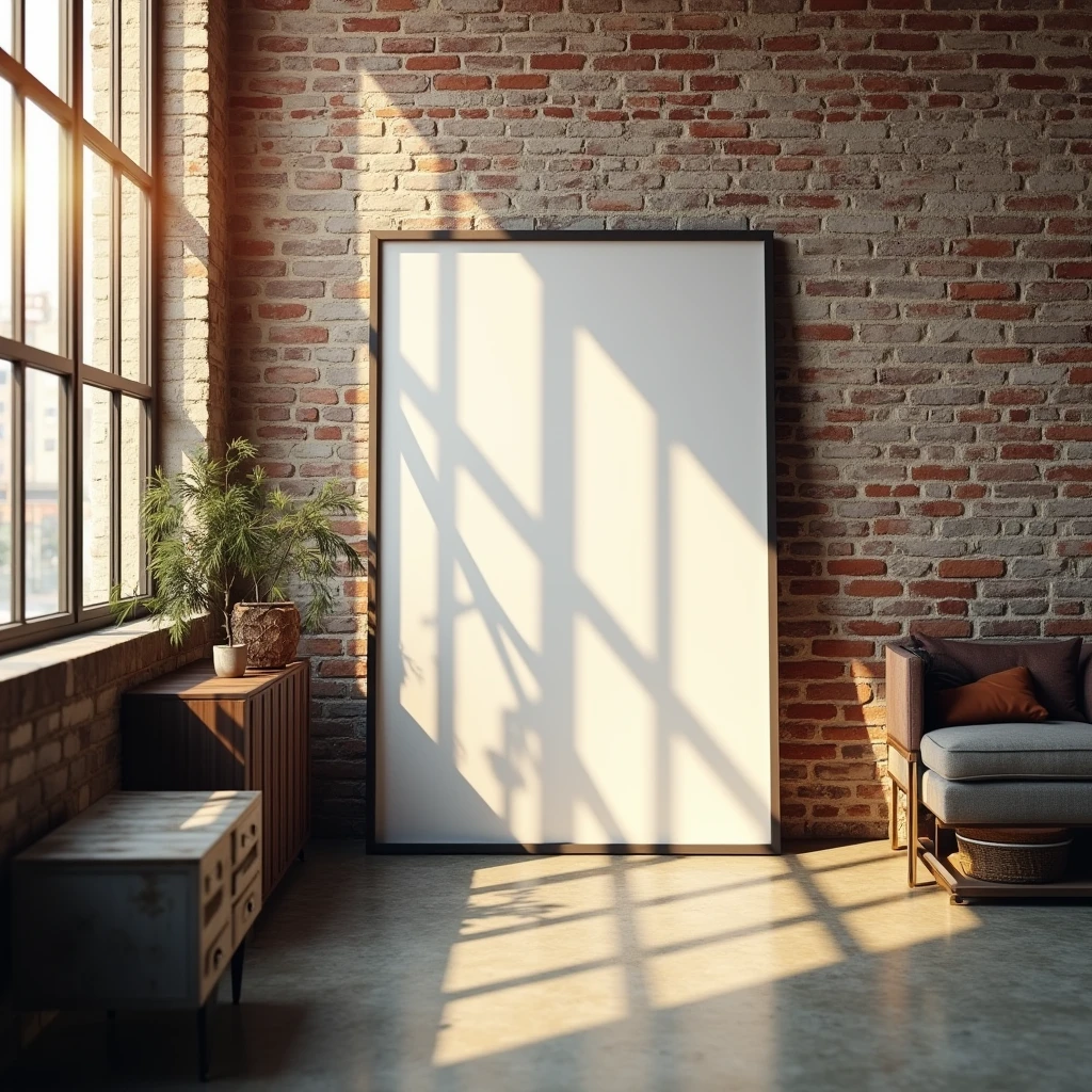 A framed A4 poster with blank canvas, leaning against a brick wall in an industrial-style loft. The poster is bathed in a warm golden light coming from a large industrial-style window nearby. The floor is polished concrete, with some vintage furniture scattered around, adding to the rustic yet modern vibe.