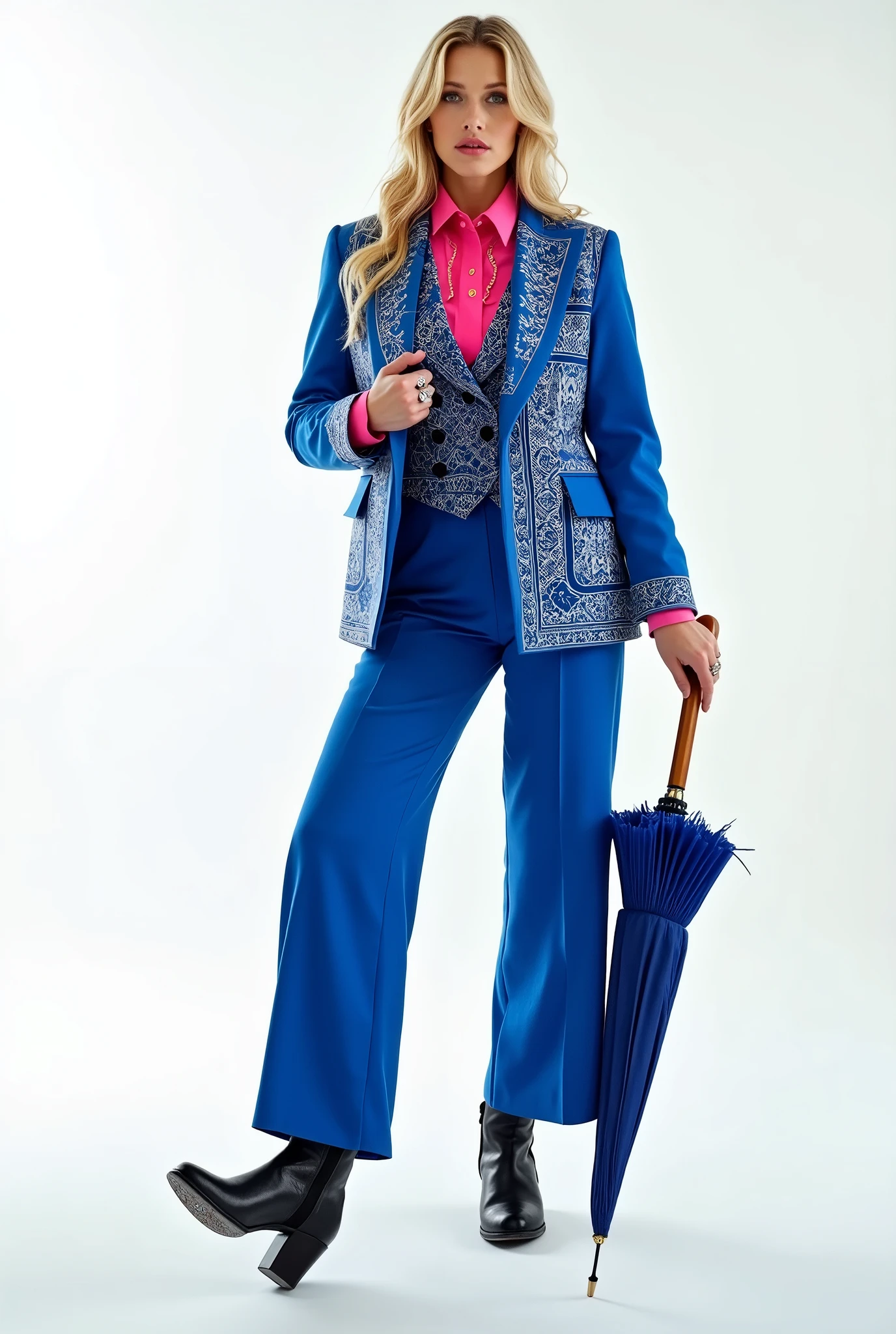 russia model girl wearing blue suit with lot of russian pattern ,fur ,((holding her vest in her hand)) , overr size pants , posing for photo , cinematic , white background , rings , high boots , pink shirt , full body , umbreala