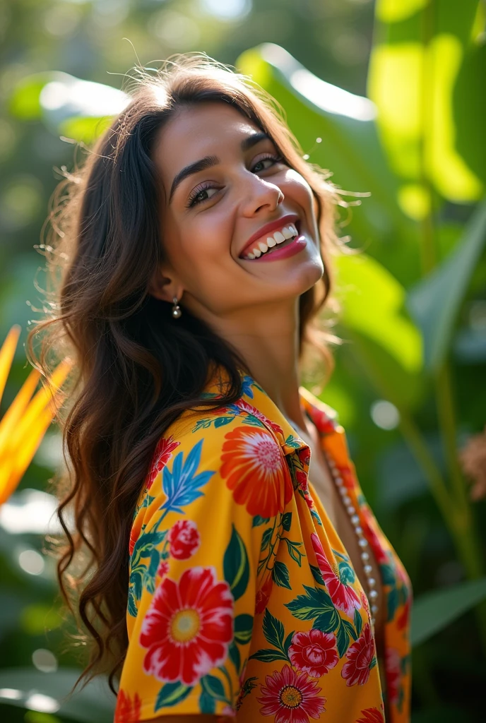 A Brazilian woman in a lush tropical garden, wearing an open shirt with a floral print, with a close-up capturing the harmonious beauty between her breasts and the natural flowers, showing off your natural charm and outgoing personality.