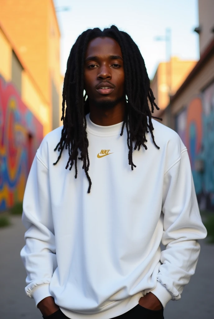 A guy with dreadlocks wearing a white Nike sweatshirt