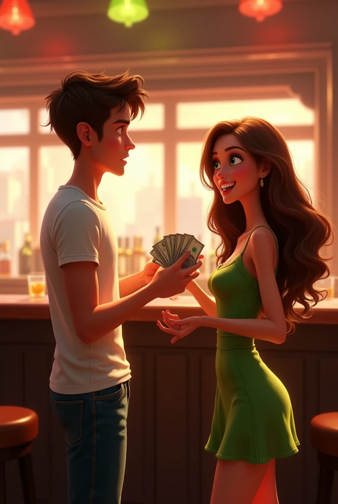 A young man with white t-shirt and jeans giving money to a gorgeous girl with brown hair and green eyes wearing a green short dress in a bar , pixar style, cinematic, masterpiece, high-aesthetic, realistic