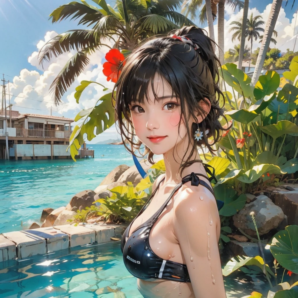 ((highest quality, masterpiece, High resolution)), ((reality)),Photos of beautiful Japanese women,((anime art))、 (((1 girl))), normal size breasts, slim body shape, long ponytail,double eyelid, Wet see-through bikini, A pareo with bold ethnic patterns and plenty of primary colors、(Brown skin:1.4),realistic skin、Wet,whole body,cinematic light、tropical、Against the background of palm trees on both sides、on a sunny beach、With the sea in the background、blur background、smile