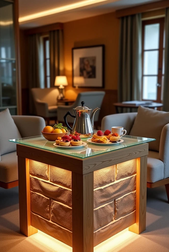 A square hospitality table, handcrafted to be a stylish centerpiece in the guest lounge.. The table top is made of clear glass, adding a touch of sophistication and simply showcasing what is placed on it.. The sides are made of MDF wood clad with textured wallpaper that resembles brick, giving the table a modern and economical feel..
Equipped with soft interior lighting using a warm LED strip, it spreads a soft and beautiful glow throughout the room.. The table is adorned with a stylish teapot and some light breakfast treats, enhancing the hospitality atmosphere and adding a warm and welcoming touch.