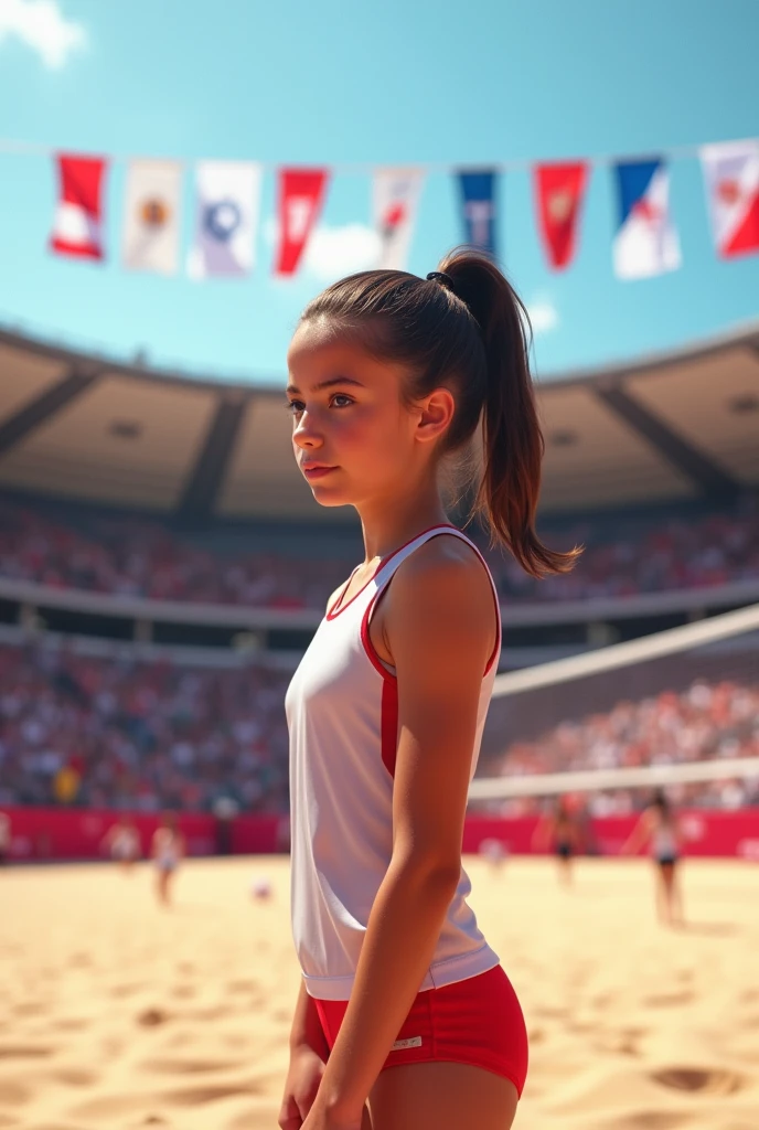 dark brown haired ager with ponytail and brown eyes very DELICATE playing volleyball serving the volleyball at the olympics in paris without being vulgar