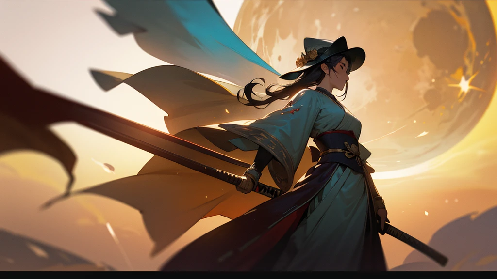By KentarM Miura, Ethereal colorful sss - surreal scene of the night, with a nearly clear sky adorned with twinklings, colossal cosmic linen veil draping over the moon, resembling a sss sheet gently covering it, resembling a busty Cyborg Samurai with large sedge hat and with the moon AS their fmb, allowing glimpses of the moon's radiant glow to peek through in patches Like eyes, illuminated from within, swinging the katana Like a skilled Martial arts dancer, Curved Sword Slash, Moon in Background is a beast, masterpiece, intricate details, maximum resolution, hyper detailed, cinematic composition, soft shadows, atmospheric haze, Film grain, cinematic film still, shallow depth of field, highly detailed, high budget, cinemascope, moody, epic, OverallDetail, 2000s vintage RAW photo, photorealistic, candid camera, color graded cinematic, atmospheric lighting, imperfections, natural, shallow dof
