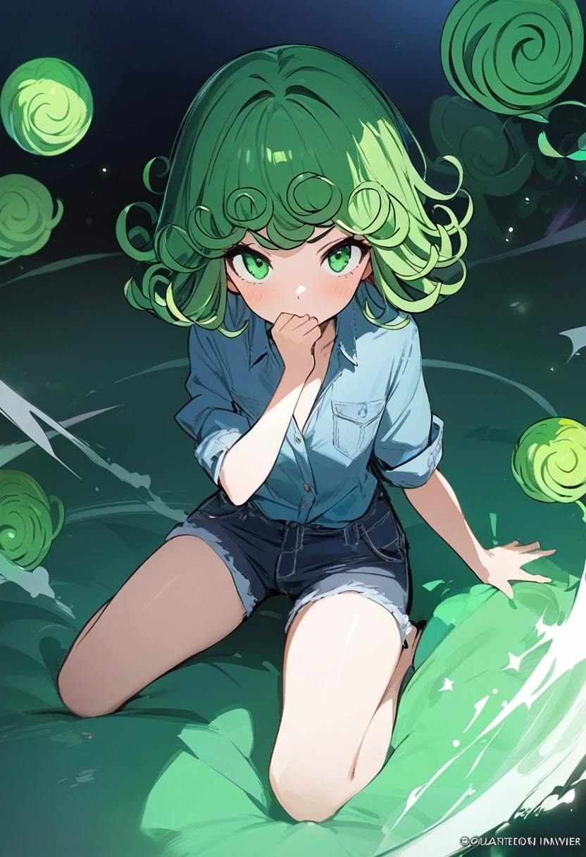 Masterpiece artwork, best qualityer, 1 girl, solamete, breastsout, gazing_phi_viewer, hair green, fully body, Young body,  denim shirt, playing Pokémon ball (tatsumaki: 1.7)