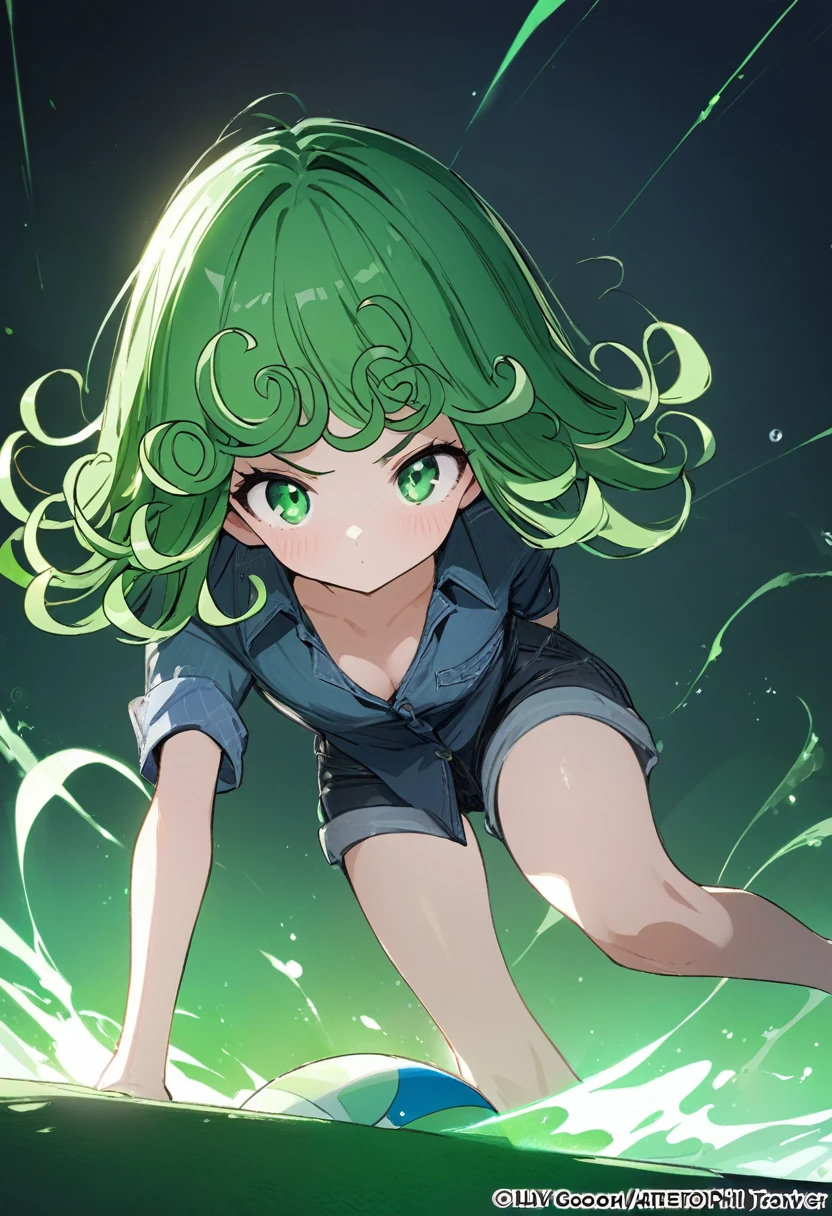 Masterpiece artwork, best qualityer, 1 girl, solamete, breastsout, gazing_phi_viewer, hair green, fully body, Young body, denim shirt, playing Pokémon ball (tatsumaki: 1.7)