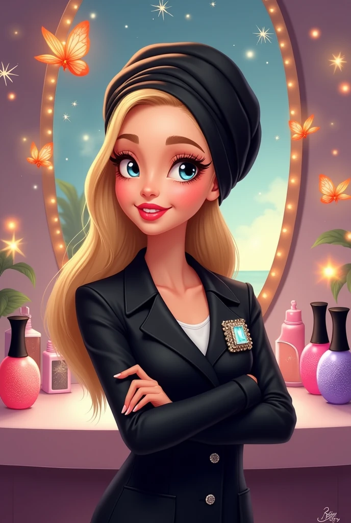 Make a beauty professional with a black lab coat, black turban, rectangular brooch, Round face, chubby, mature woman, straight blonde hair, Disney style drawing 
