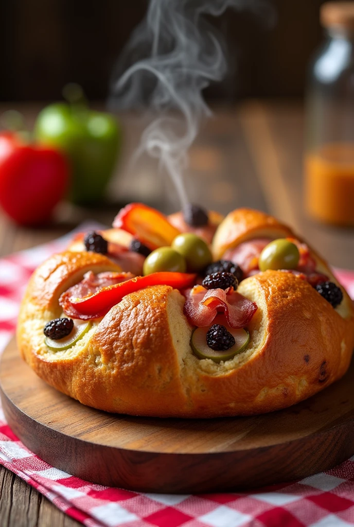 Pan de Ham venezolano, hot, fresh from the oven. It is placed on a modern wooden table, on top of a red and white checkered tablecloth. This bread is a kind of pionono, raisin filling, sliced green olives, Ham, bacon and bell pepper wedges