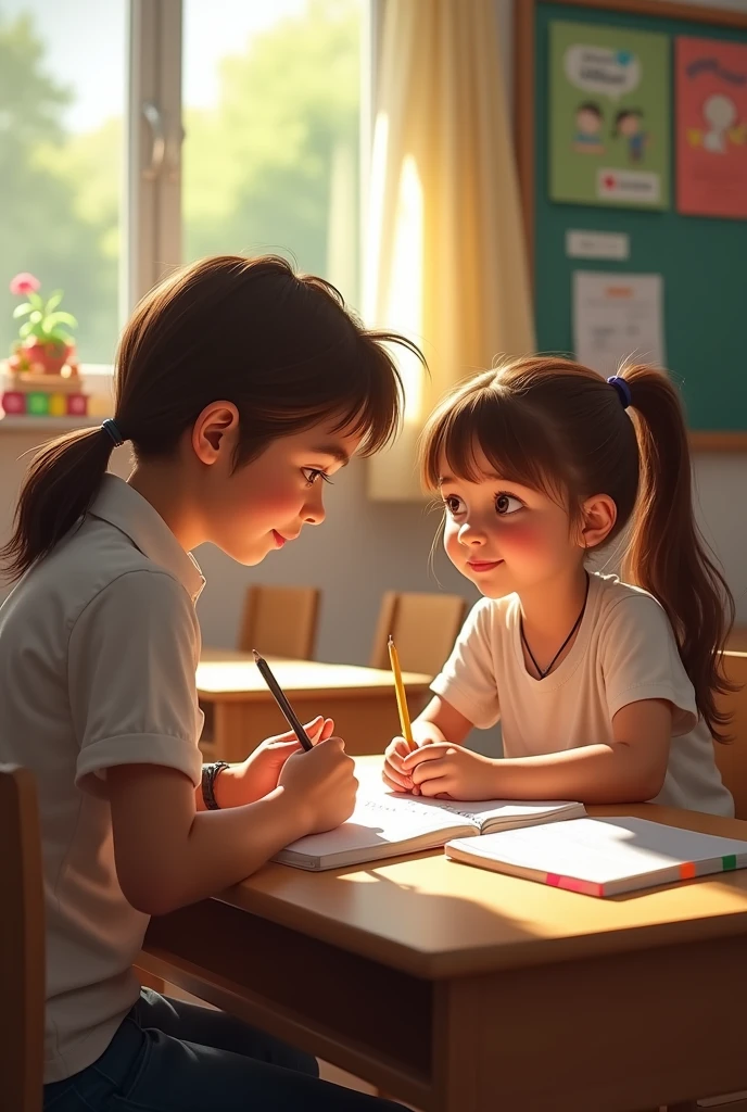 Yigit is looking at the girl with affection in the classroom. The girl is preparing for the lesson.