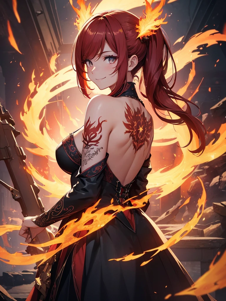 (((best quality, sharp image, clear image, cinematic lighting, 8k resolution, masterpiece, ultra detailed, intricate))) Girl, (((looking over left shoulder))), (shot from behind), ((shot from hip up)), fiery red hair, pigtails, ((intricate black dress)), ((flaming sigils, flaming runes)), spiky rock formations, (flaming lotus flowers frame), (intricate background), (chaotic background), (busy background), ((Phoenix)), (swirling flames), smiling,tatoo on back