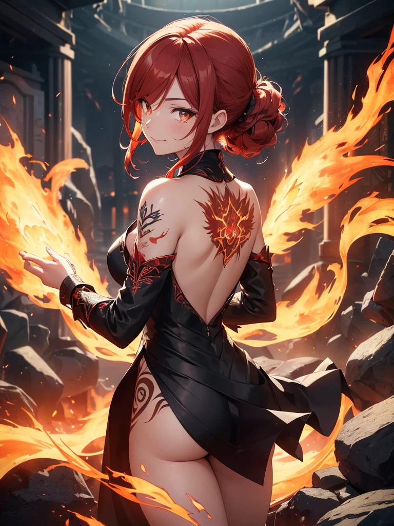 (((best quality, sharp image, clear image, cinematic lighting, 8k resolution, masterpiece, ultra detailed, intricate))) Girl, (((looking over left shoulder))), (shot from behind), ((shot from hip up)), fiery red hair, pigtails, ((intricate black dress)), ((flaming sigils, flaming runes)), spiky rock formations, (flaming lotus flowers frame), (intricate background), (chaotic background), (busy background), ((Phoenix)), (swirling flames), smiling,tatoo on back