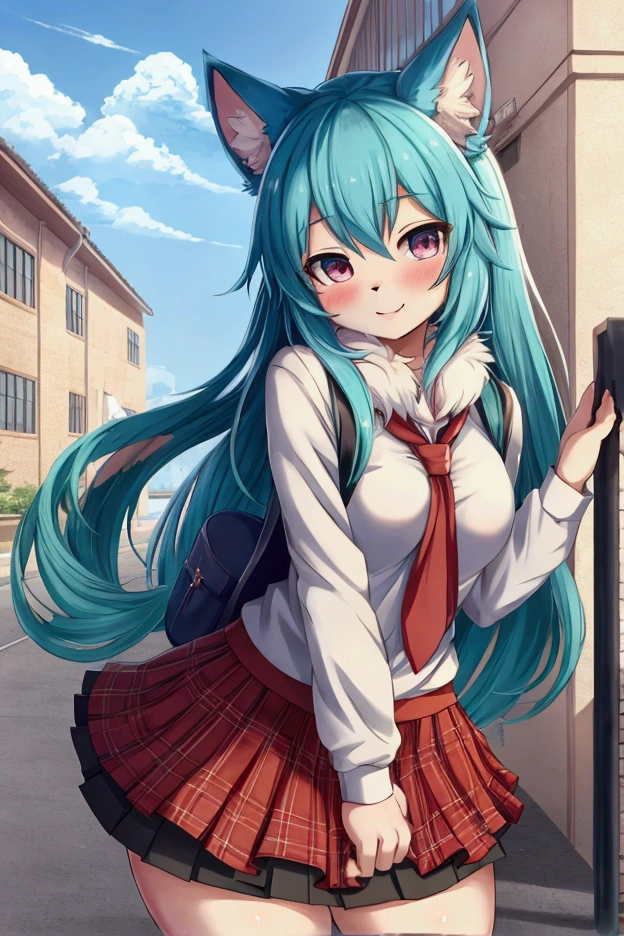 Anime furry student with a fluffy skirt and fur skin.