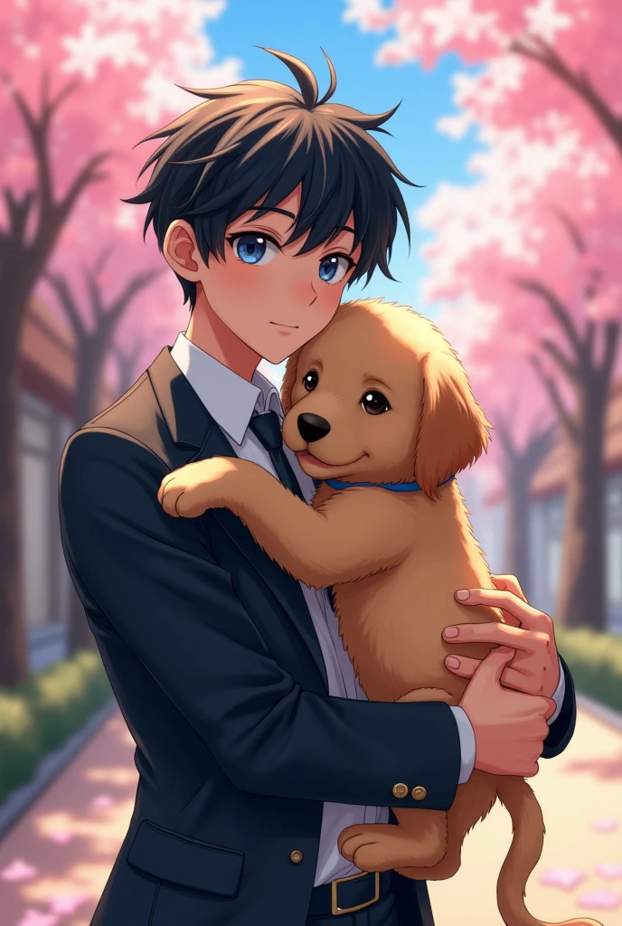 Black haired, blue-eyed man
Wearing a school uniform, hugging a
