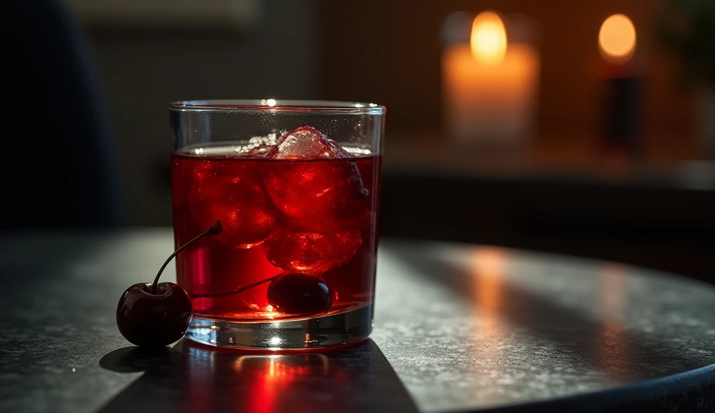 a warm glass of liqueur with a red liquid and some cherries at the bottom. on a black table. ultra realisitic. What should convey: elegance, sophistication..