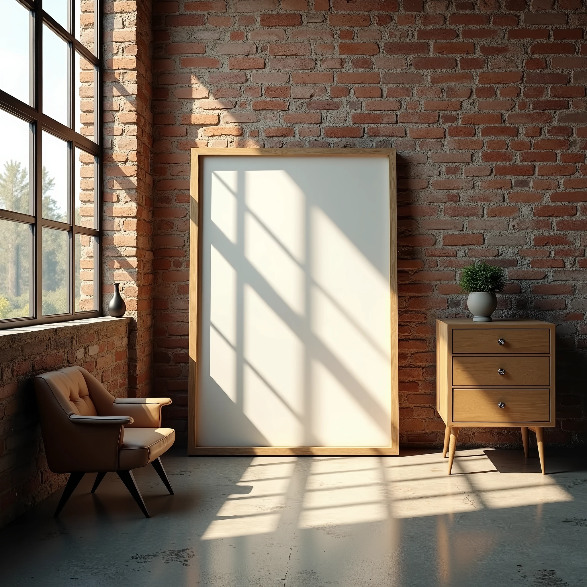 A framed A4 poster with blank canvas, leaning against a brick wall in an industrial-style loft. The poster is bathed in a warm golden light coming from a large industrial-style window nearby. The floor is polished concrete, with some vintage furniture scattered around, adding to the rustic yet modern vibe.