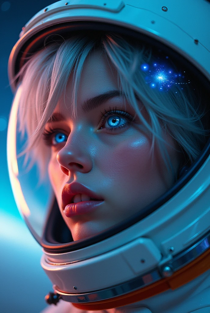(Close-up of a better masterpiece: 1.5) 0.9], (Space and astronauts: 1.2) (Disheveled silver hair: 1.1) (Xanthochromia heterochromia and blue eyes: 1.2) (space helmet: 1.0) (colorful stars in the eyes: 1.0) (A radiant glow: 1.1) (thick lips: 0.9)